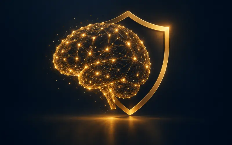 A gold neural lattice resolving into ordered data nodes on a dark navy background