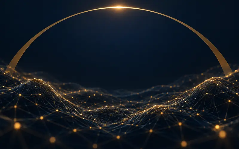 Abstract neural network mesh under a governance arch on navy and gold background