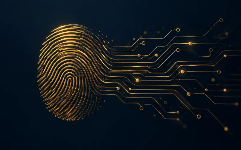 Abstract fingerprint ridges merging with data circuit lines on navy and gold background