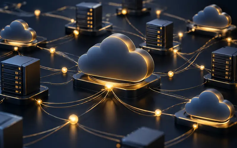 Abstract interconnected cloud-server lattice with flowing data nodes on navy and gold background