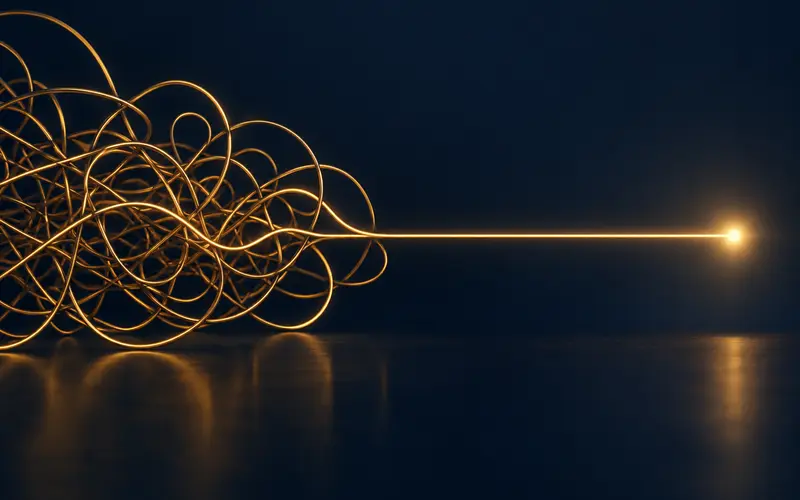 A gold maze of arrows funnelling toward a single bright point on a dark navy background