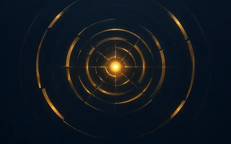 Abstract alert signal ripples emanating from a central breach point on navy and gold background
