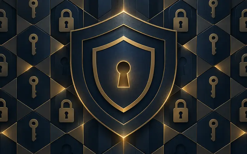 Abstract geometric lock and key tessellation with layered shield motif on navy and gold background