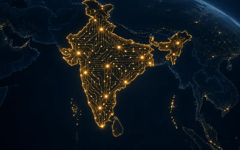 A gold map outline of India with data streams flowing outward and back on a dark navy background