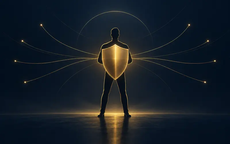 A single figure holding a gold protective shield with rights lines radiating outward on a dark navy background