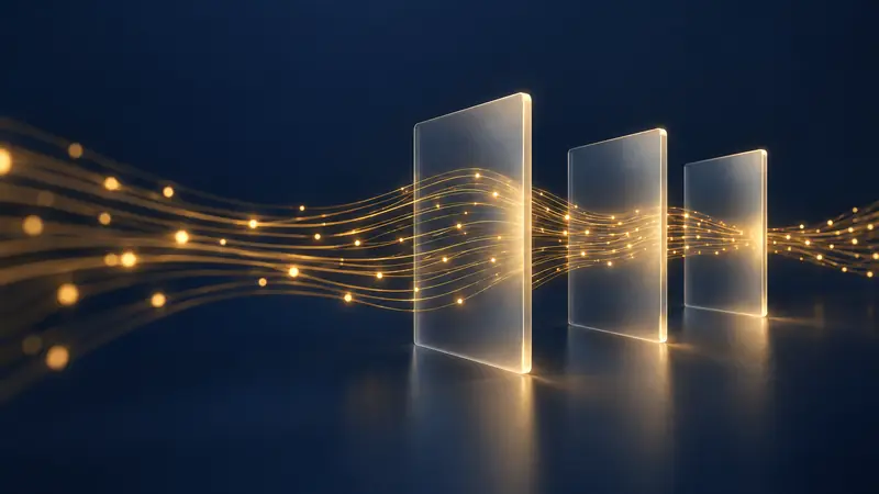 Gold light strands passing through three glass panels, showing several layers of data privacy rules applying to the same data