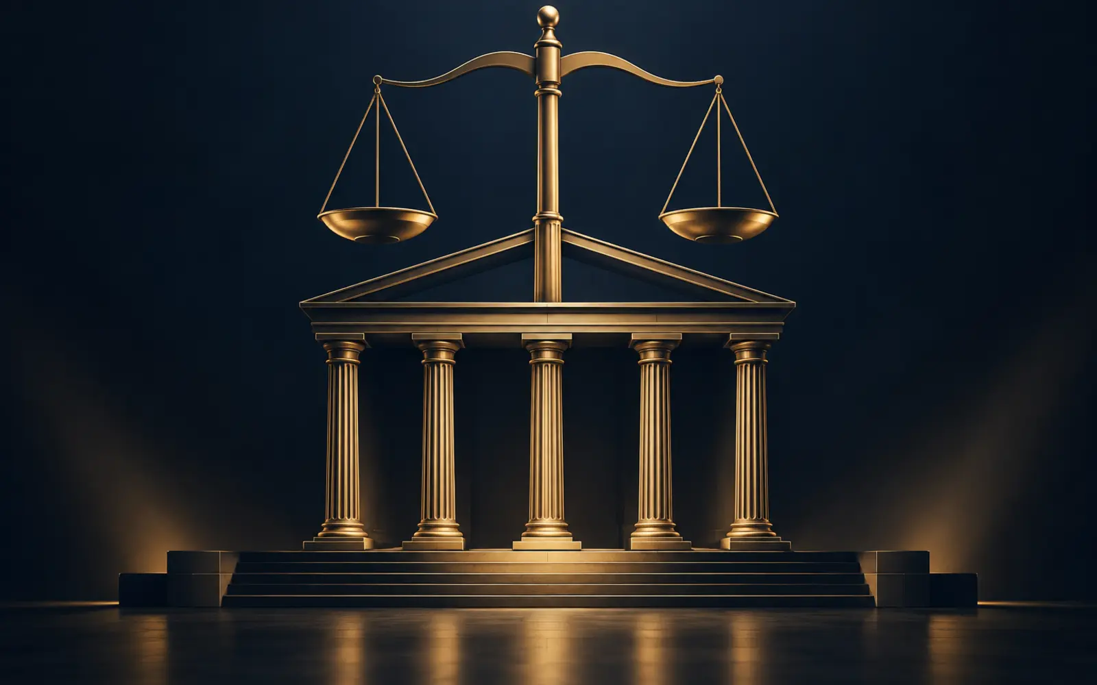 Gold balance scales fused with an institutional colonnade on a dark navy background