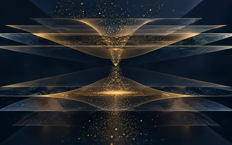 Abstract layered archival strata with an hourglass flow on navy and gold background