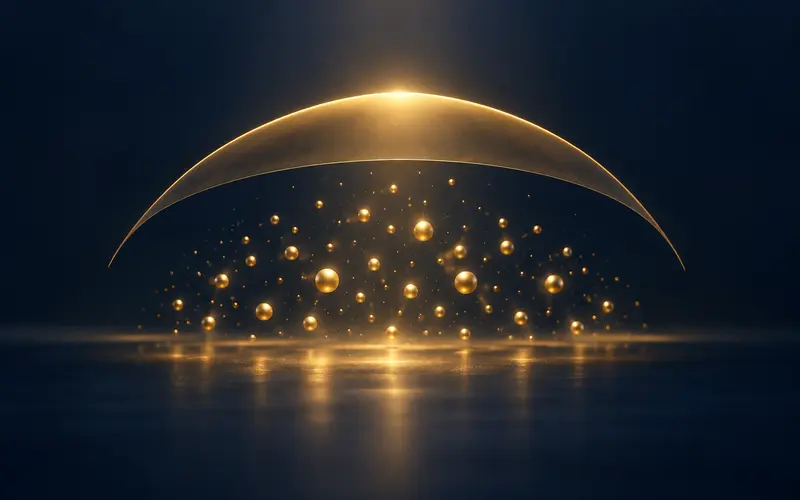 A gentle gold protective arc sheltering small glowing data particles on a dark navy background