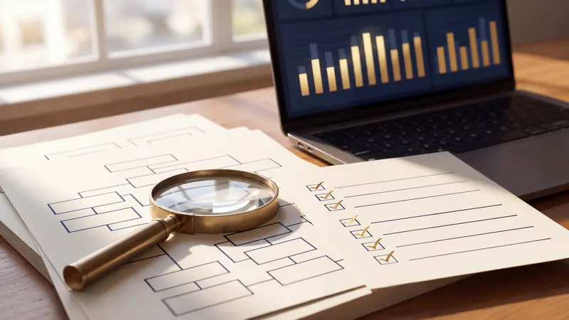 A brass magnifying glass over data-flow diagrams and a checklist with gold ticks, beside a laptop showing bar charts