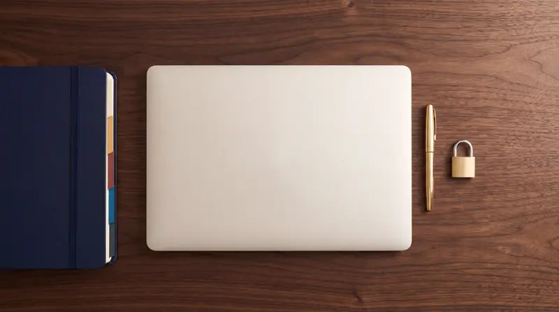 A closed laptop between a navy tabbed binder, a gold pen and a small brass padlock on a walnut desk