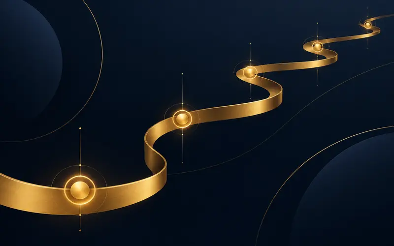 Abstract flowing timeline ribbon with milestone nodes along a structured path on navy and gold background