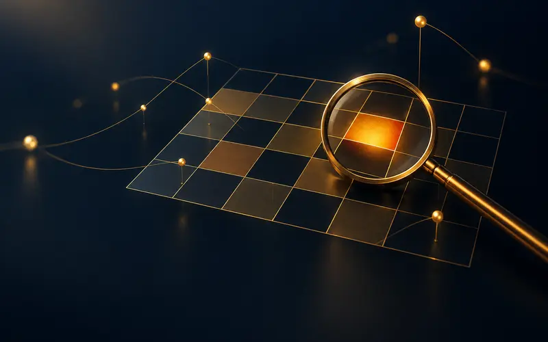 A gold risk-matrix grid with a magnifier highlighting a high-risk cell on a dark navy background
