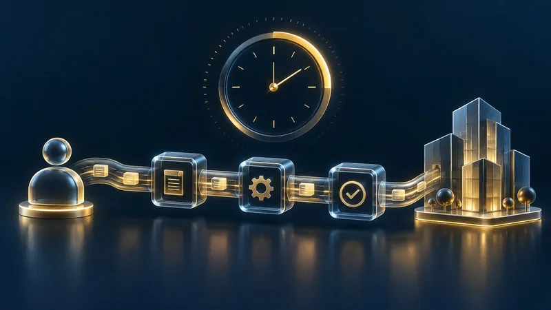 A request form with a gold checkmark beside a timeline bar and a compliance evidence folder on a dark background