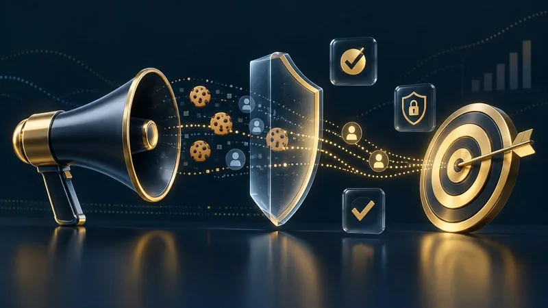 A digital advertising dashboard with consent toggles and targeting controls, accented with a gold compliance indicator