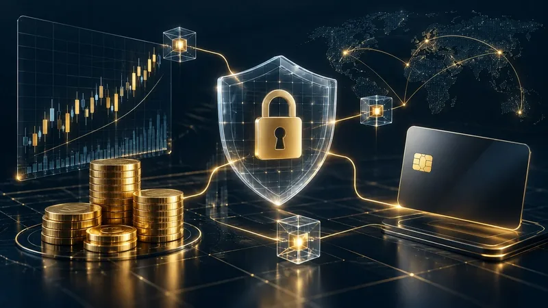 A fintech dashboard showing payment flows and consent indicators with a gold compliance shield on a dark background