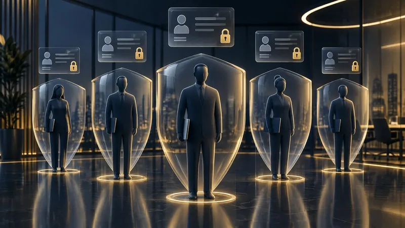 An HR dashboard showing employee data fields with compliance status indicators and a gold privacy shield