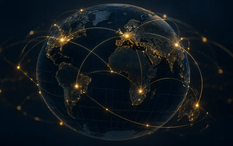 Abstract globe with interconnected office nodes and flowing data pathways on navy and gold background