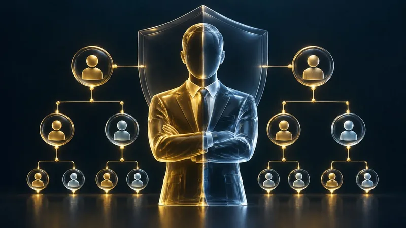A professional at a desk reviewing data protection documents with a gold shield emblem and compliance dashboard on screen