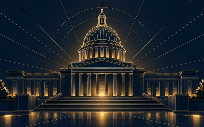 Abstract institutional dome geometry with radiating structured lines on navy and gold background
