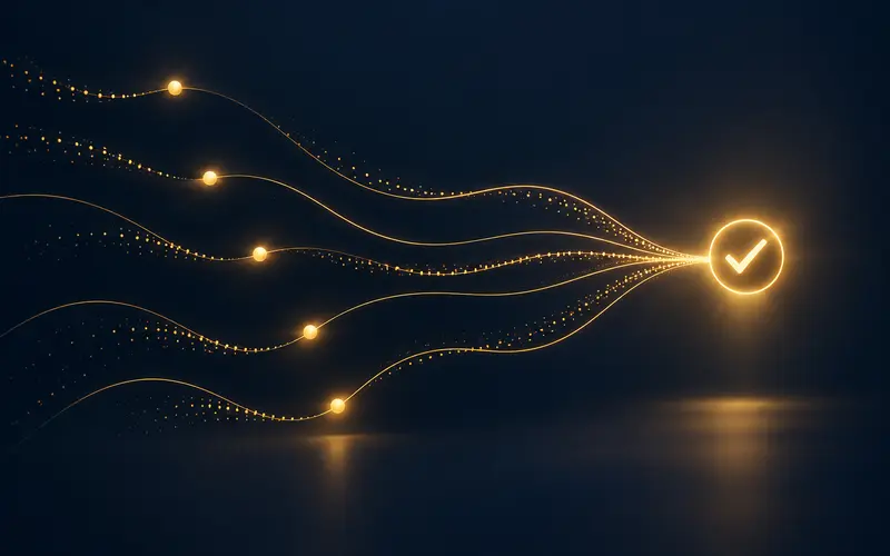 A gold flow of dots moving through stages into a resolution node on a dark navy background