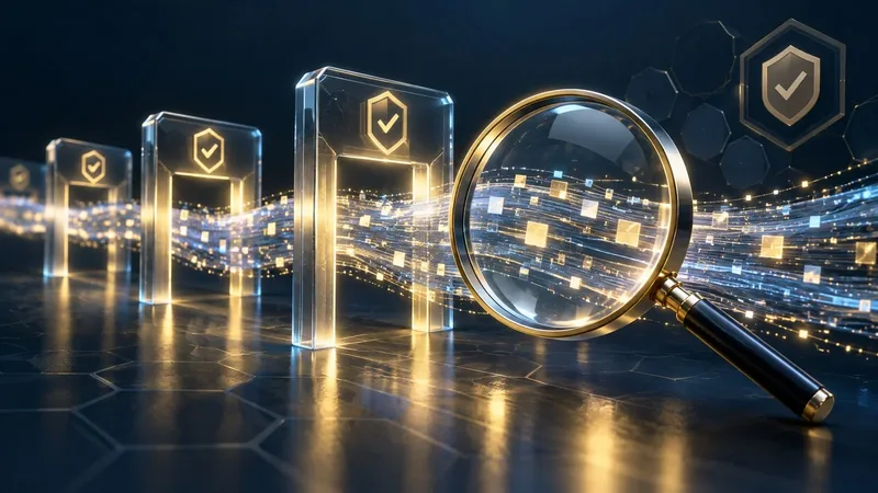 A gold-accented magnifying glass hovering over a data-flow diagram with compliance checkmarks, set against a dark navy background