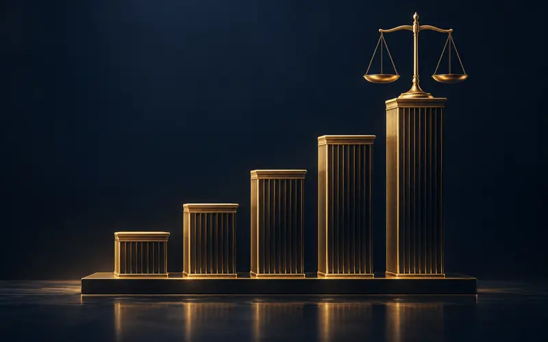 A gold set of balanced scales above tiered data columns on a dark navy background