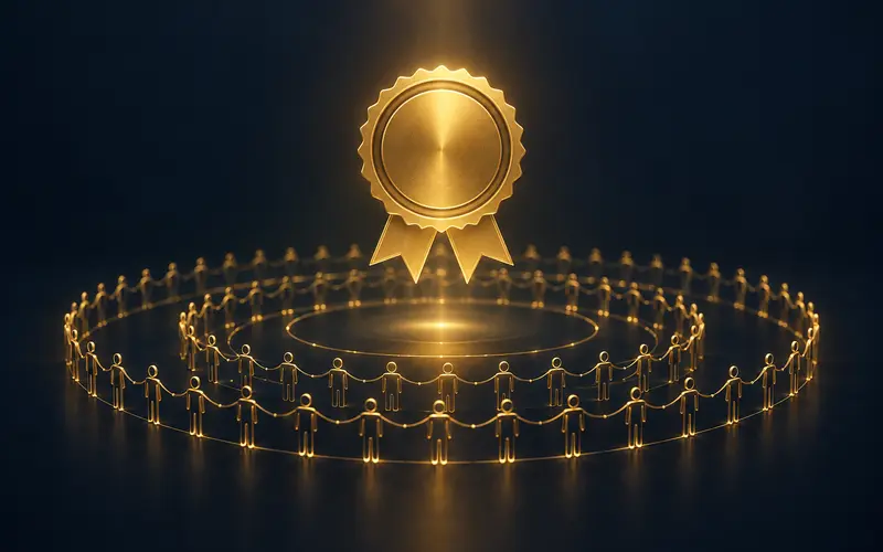 A gold credential seal above concentric rings of connected human figures on a dark navy background
