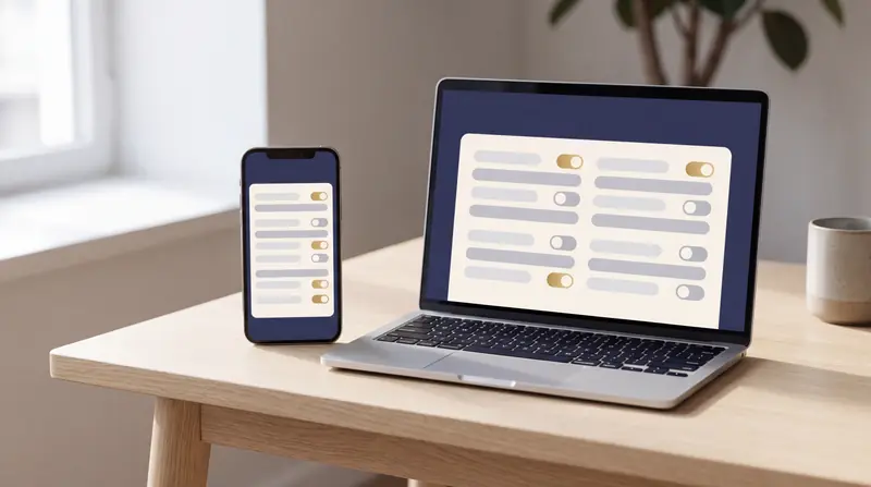 A phone and a laptop on a desk, both showing a privacy settings screen with consent toggles