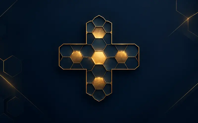 Abstract medical cross shape formed by interlocking data hexagons on navy and gold background