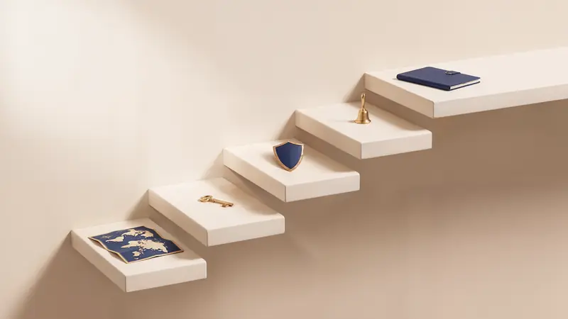 Five floating steps carrying a data map, a key, a shield, a bell and a notebook, one object for each stage of DPDPA compliance
