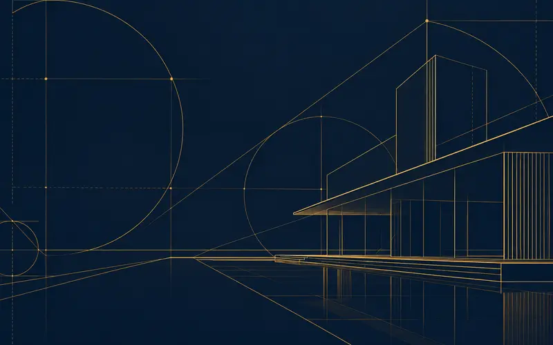Abstract architectural blueprint grid with precise geometric linework on navy and gold background