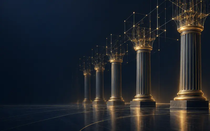 Abstract classical pillars merging with geometric data lattice on navy and gold background
