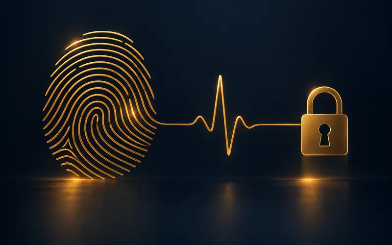 A single gold band encircling layered data forms on a dark navy background